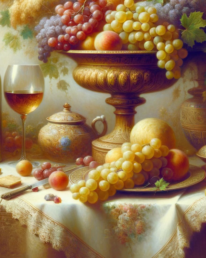 Classical still life with fruit and a golden bowl