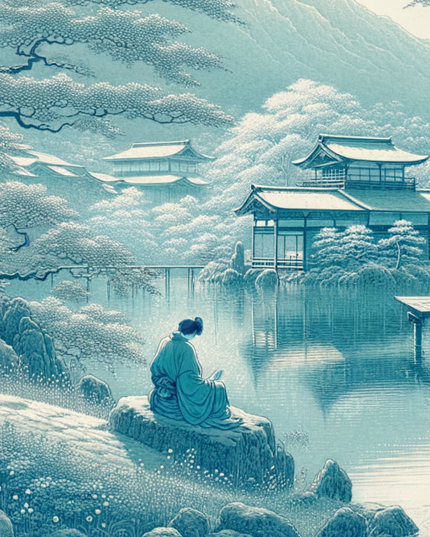 Japanese-style artwork of a lakeside pavilion in mist